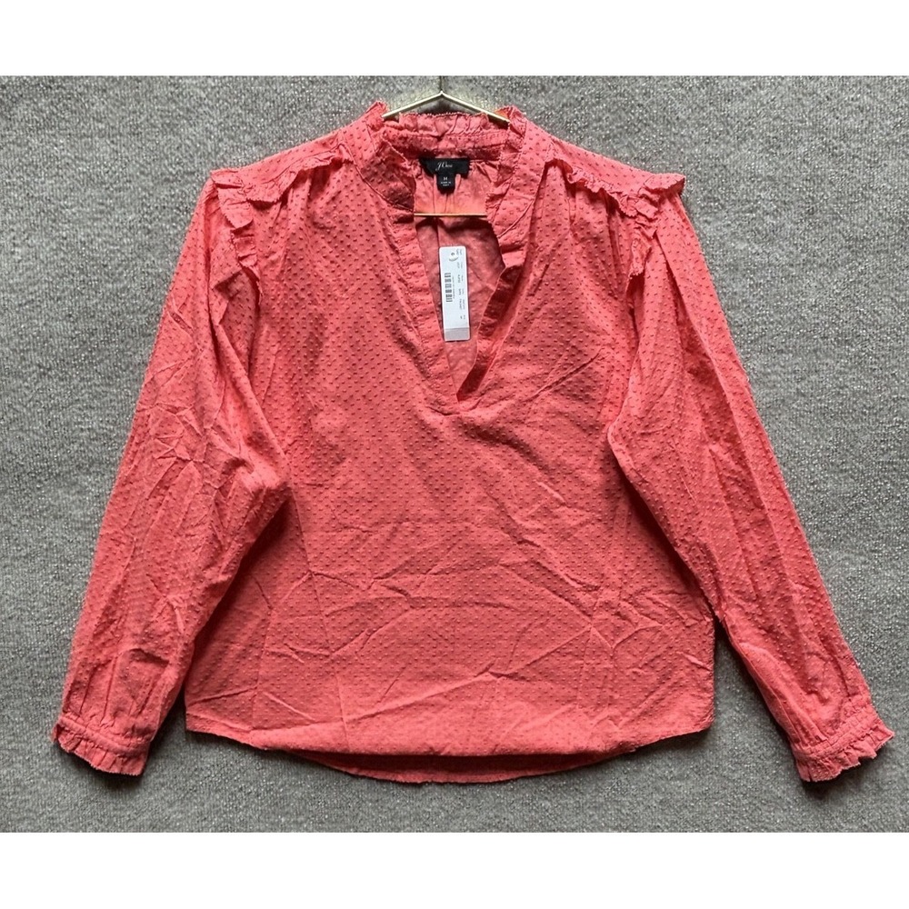 J.Crew Ruffle Trim V-Neck Popover Blouse Coral Clip Dot Womens Size Medium NEW